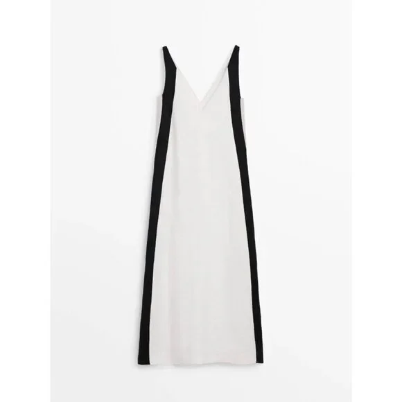 Massimo Dutti Womens Midi Dress XS White Black Linen Sleeveless 6698/231 NWT - Picture 3 of 11